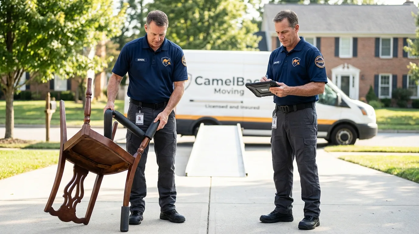 Movers inspecting furniture for damage prevention before loading in Ashland, OH