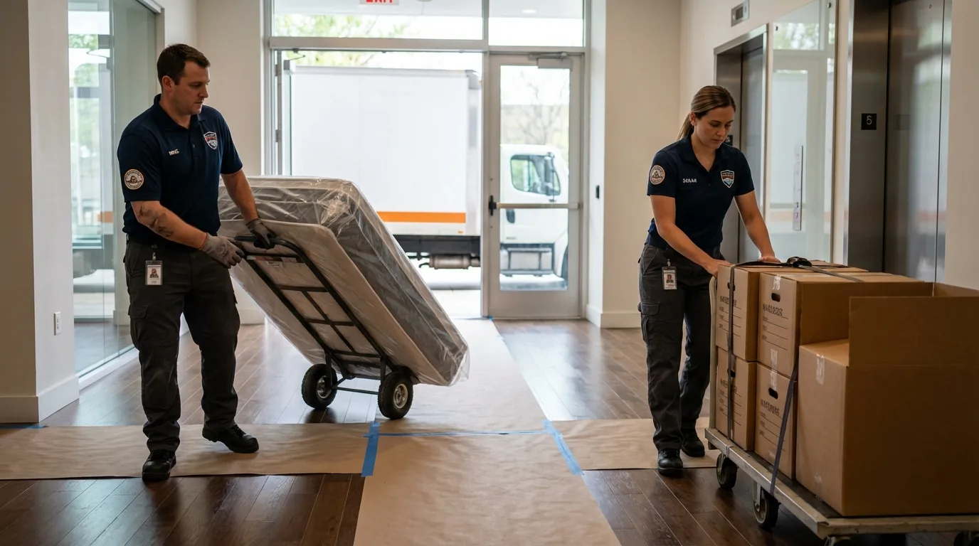 Professional apartment movers loading elevator in Ashland, OH